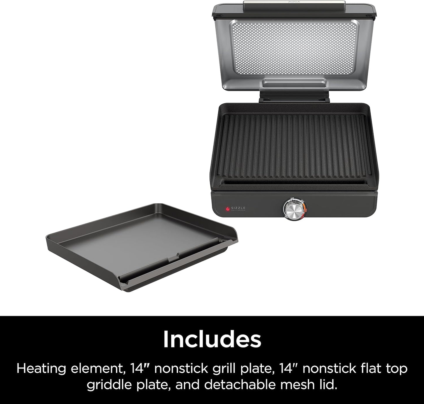 GR101 Sizzle Smokeless Indoor Grill & Griddle, 14'' Interchangeable Nonstick Plates, Dishwasher-Safe Removable Mesh Lid, 500F Max Heat, Even Edge-To-Edge Cooking, Grey/Silver