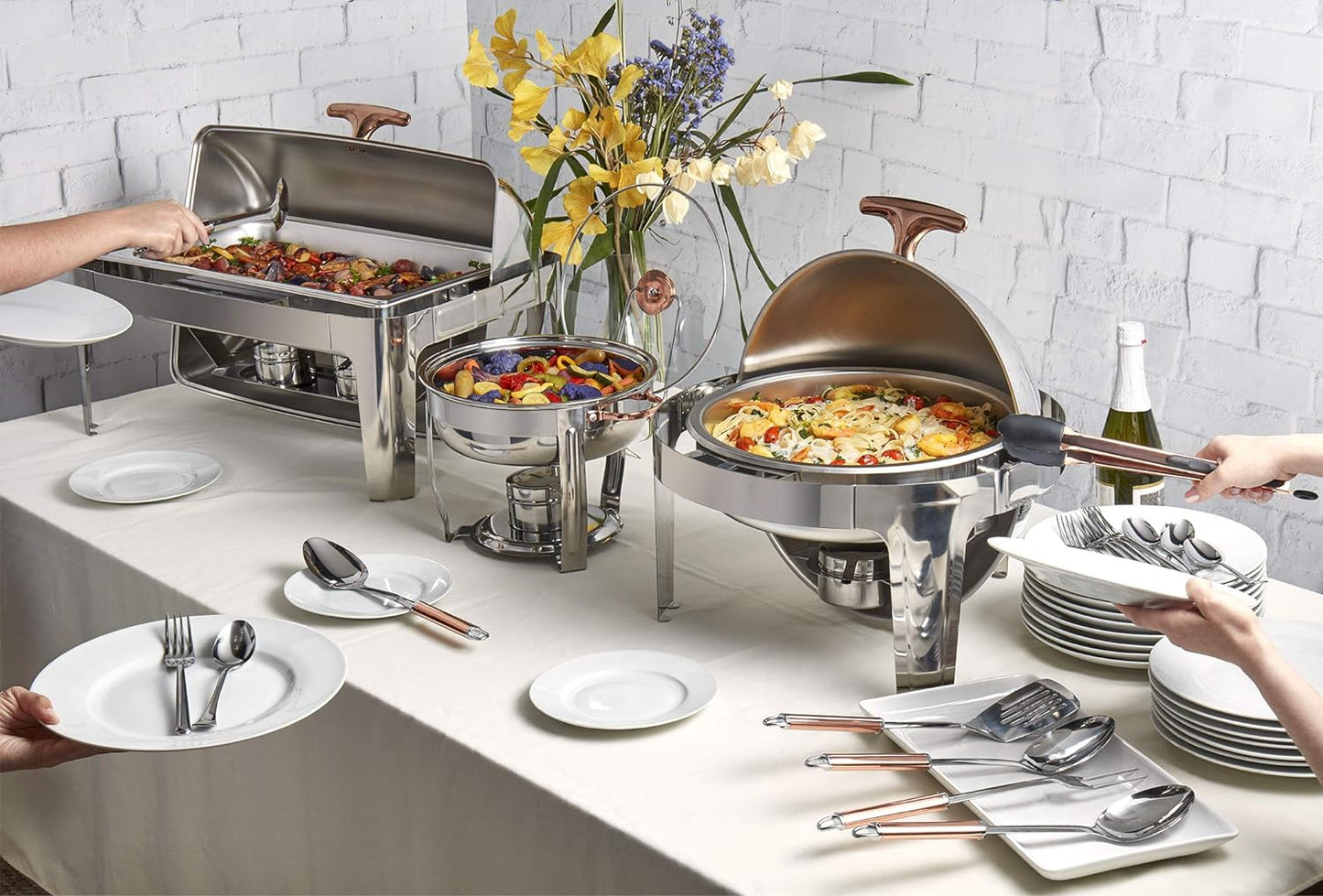 Celebrations Cookware Collection 5 Piece 6.3-Quart Heavy Gauge Stainless Steel round Chafing Dish Set with Roll Top Lid for Entertaining & Catering