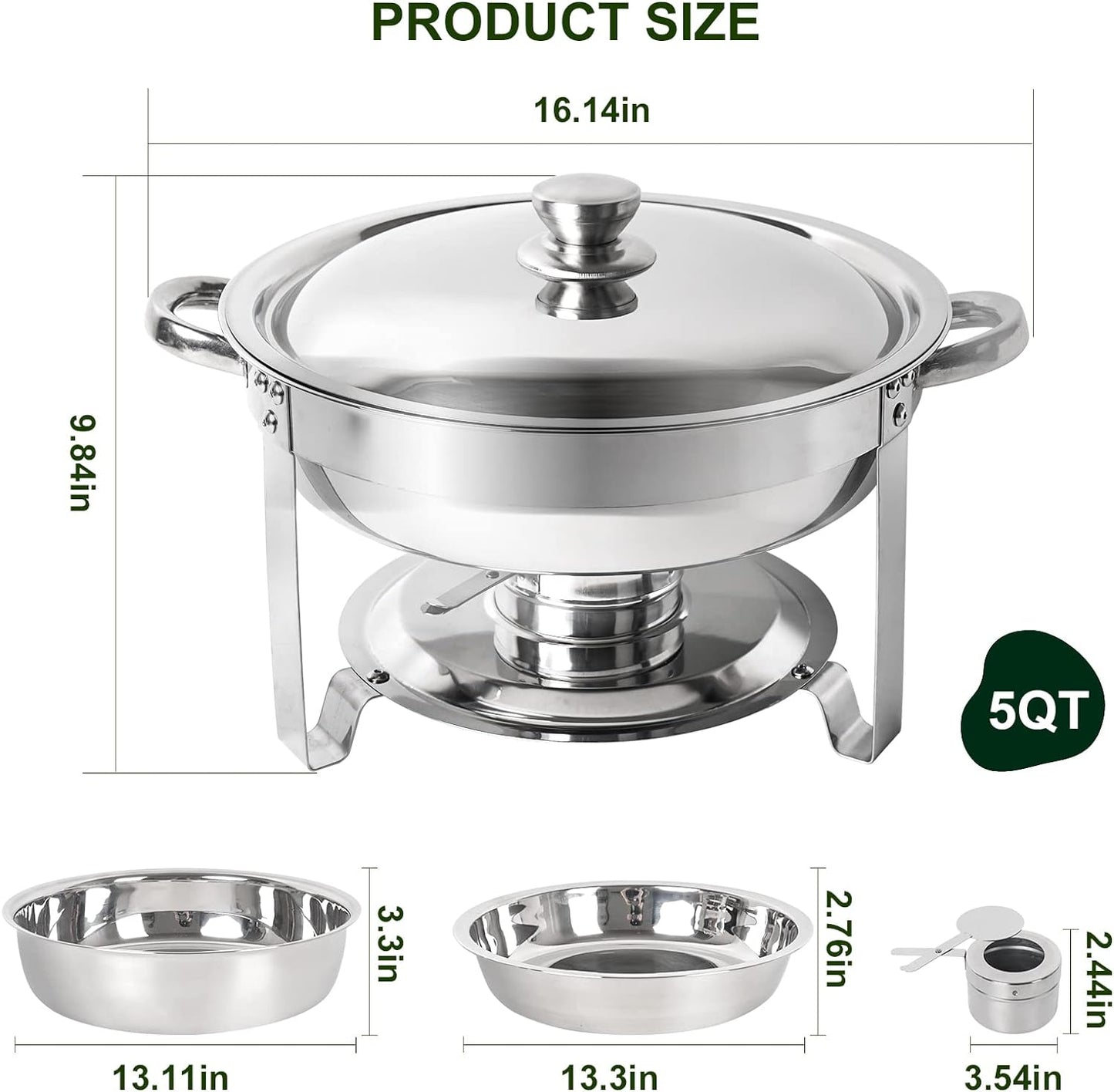 Chafing Dish Buffet Set 4 Pack, 5QT round Stainless Steel Chafer for Catering, Upgraded Chafers and Buffet Warmer Sets with Food & Water Pan, Lid, Frame, Fuel Holder for Event Party Holiday