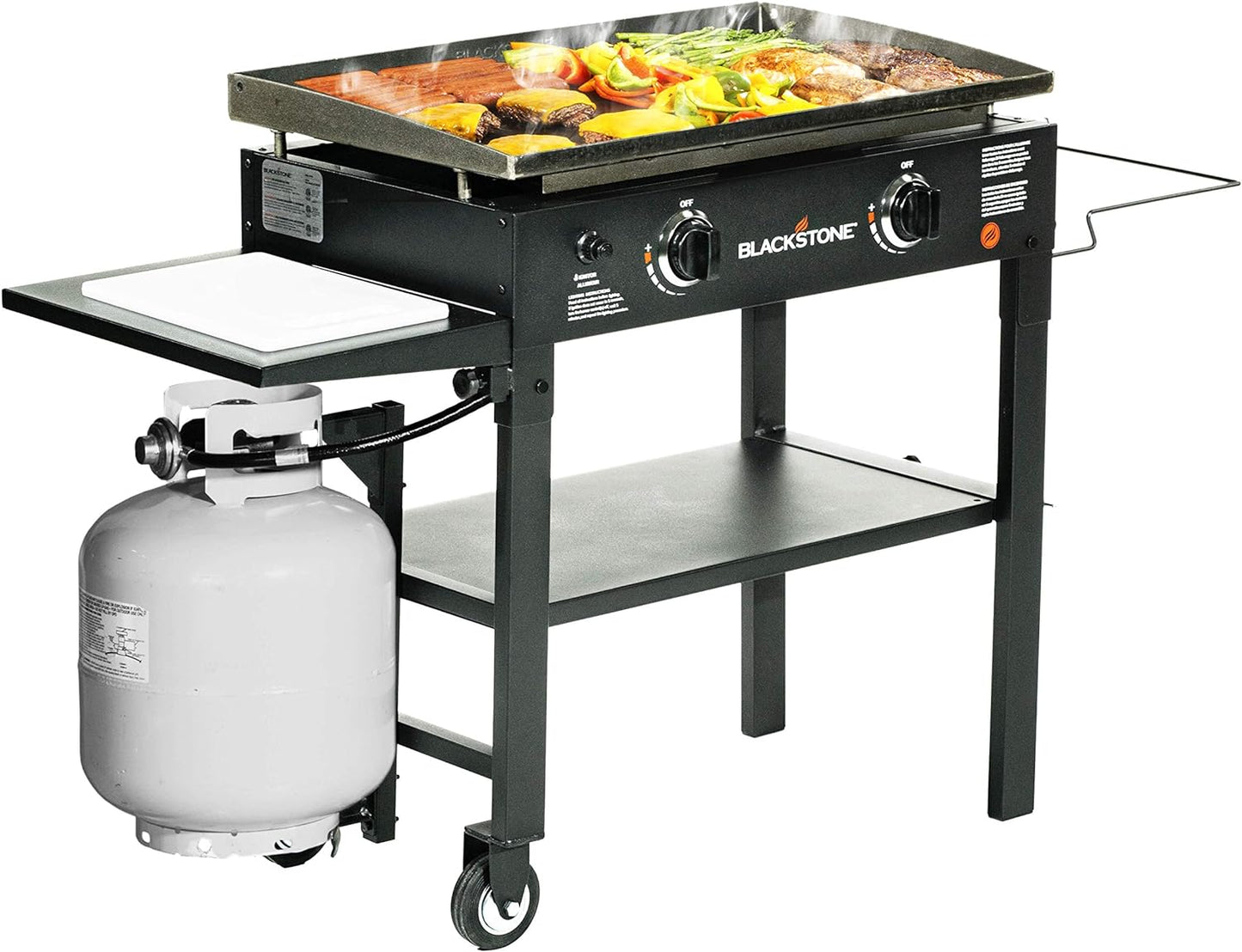 1853 Flat Top Gas Grill 2 Burner Propane Fuelled Rear Grease Management System 28” Outdoor Griddle Station for Camping with Built in Cutting Board and Garbage Holder, 28 Inch, Black