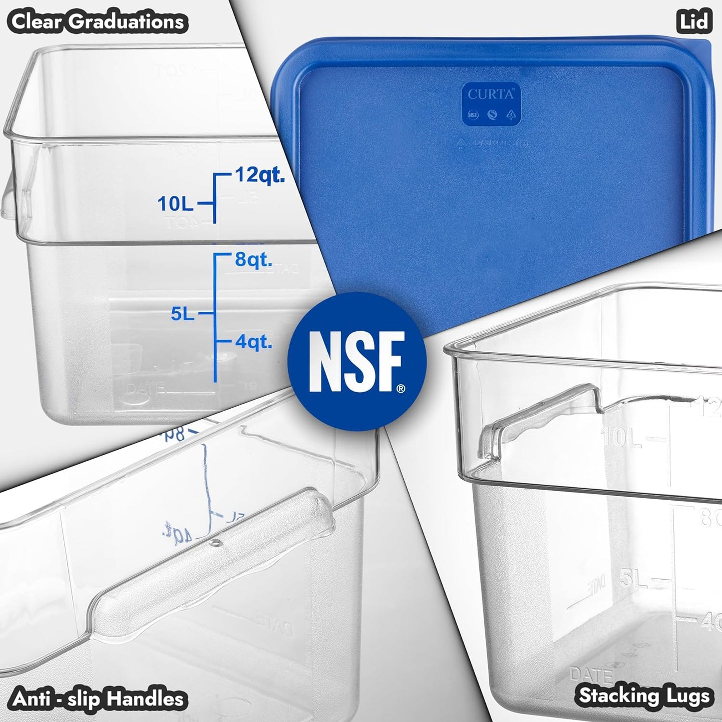 4 Pack Food Storage Containers with Blue Lids - NSF Listed Commercial Grade in 12.0 Qt - Square, Clear, Polycarbonate