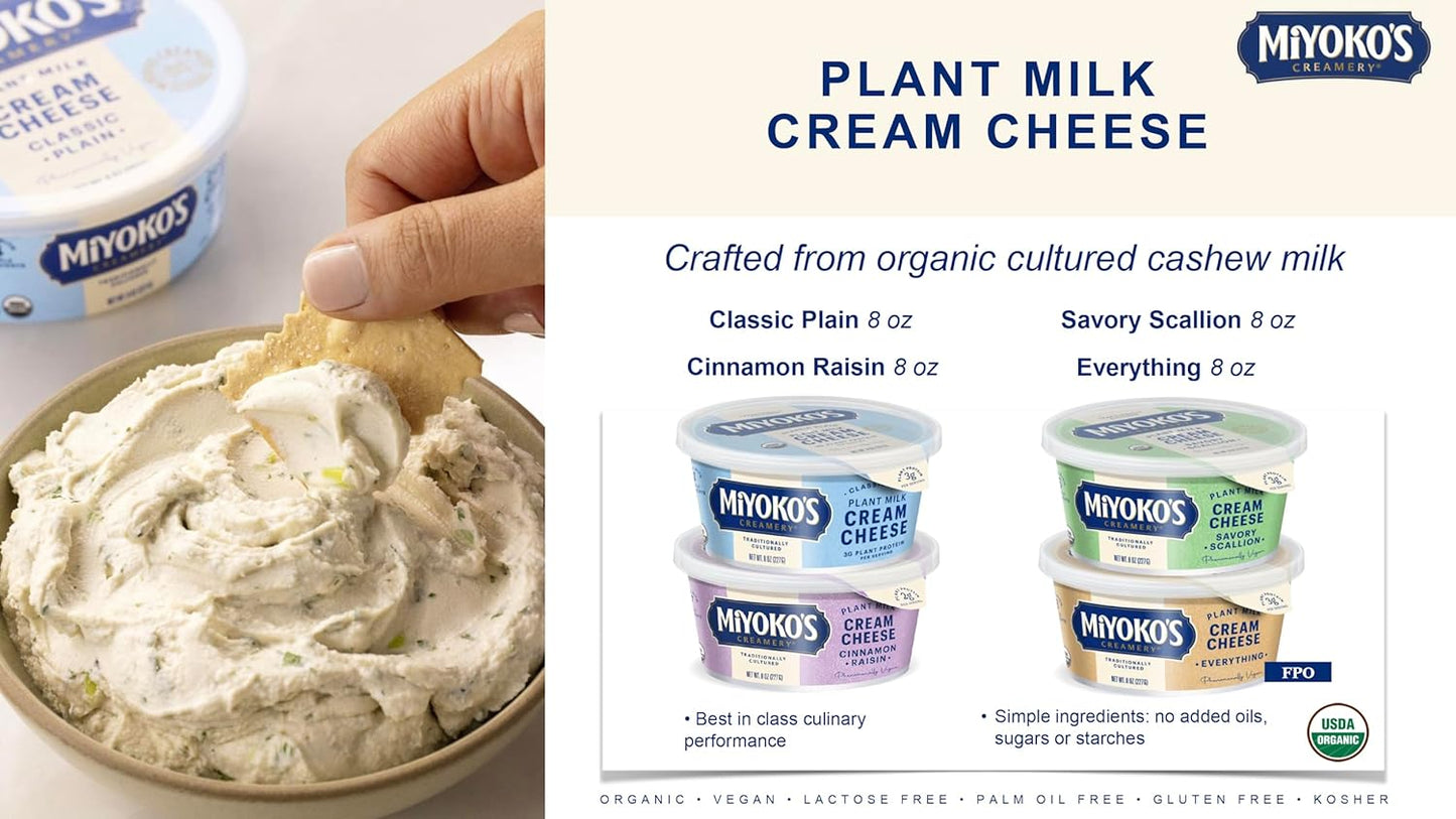 MIYOKO'S CREAMERY Organic Vegan Cream Cheese, Classic Plain, 8 Oz Tub (1-Pack)