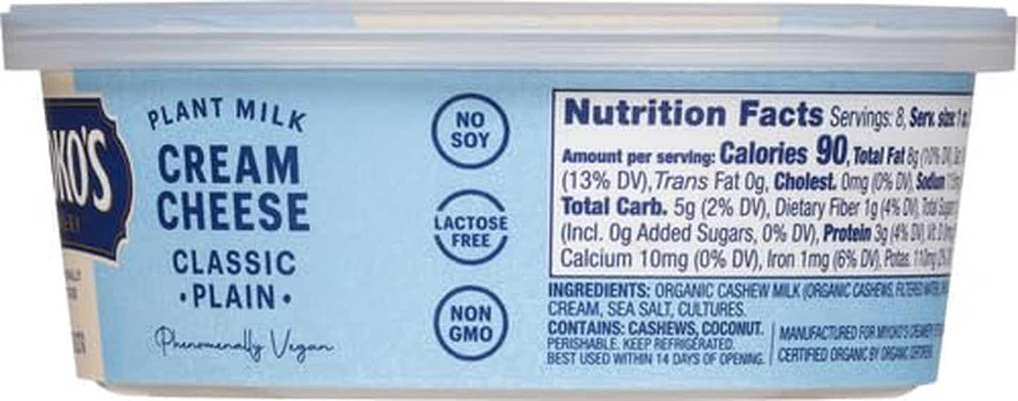 MIYOKO'S CREAMERY Organic Vegan Cream Cheese, Classic Plain, 8 Oz Tub (1-Pack)