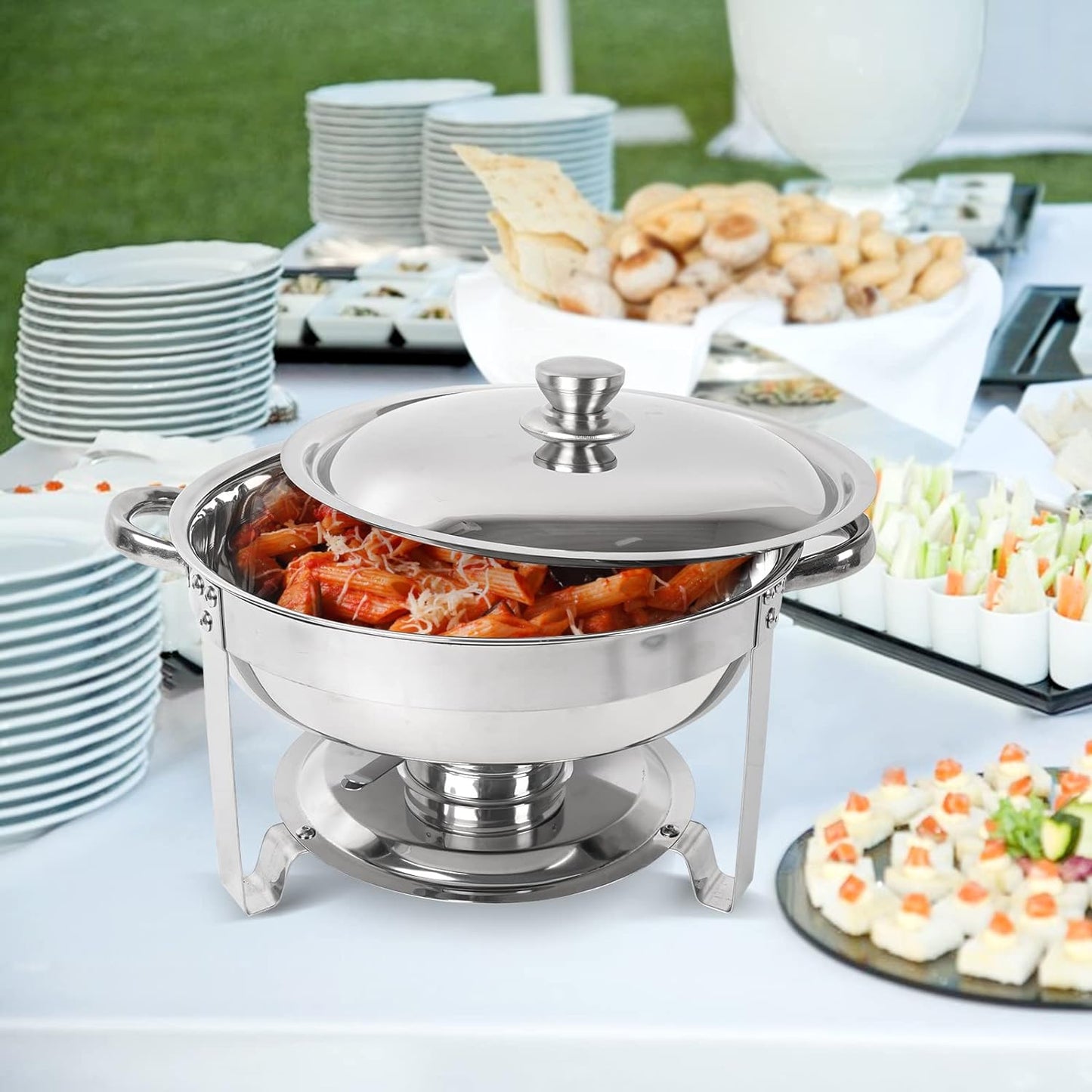 Chafing Dish Buffet Set 4 Pack, 5QT round Stainless Steel Chafer for Catering, Upgraded Chafers and Buffet Warmer Sets with Food & Water Pan, Lid, Frame, Fuel Holder for Event Party Holiday