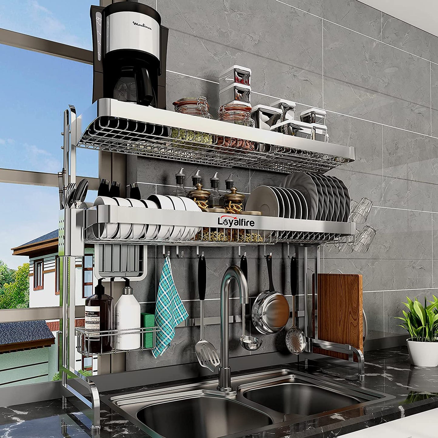 Over Sink Dish Drainer Drying Rack, 3 Tier Adjustable Length (20.87'' to 37.6'') Full Stainless Steel Large Storage Kitchen Dish Rack, Expandable Shelf Rack with Multifunctional Organizers