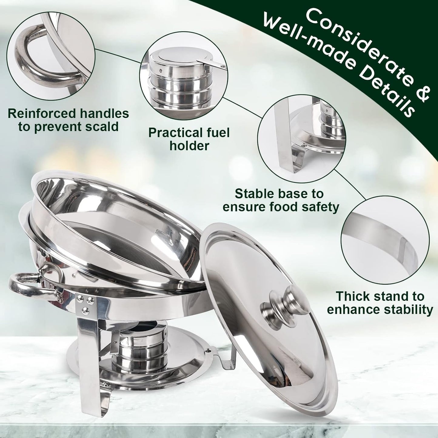 Chafing Dish Buffet Set 4 Pack, 5QT round Stainless Steel Chafer for Catering, Upgraded Chafers and Buffet Warmer Sets with Food & Water Pan, Lid, Frame, Fuel Holder for Event Party Holiday
