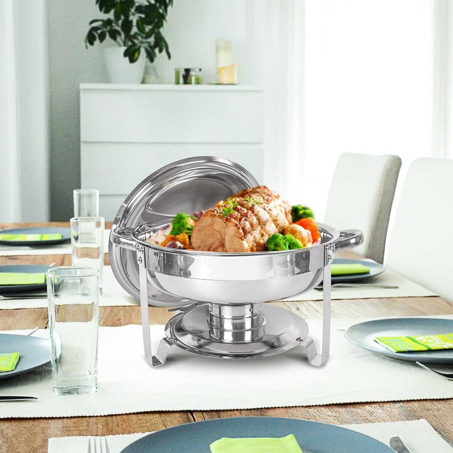 Chafing Dish Buffet Set 4 Pack, 5QT round Stainless Steel Chafer for Catering, Upgraded Chafers and Buffet Warmer Sets with Food & Water Pan, Lid, Frame, Fuel Holder for Event Party Holiday