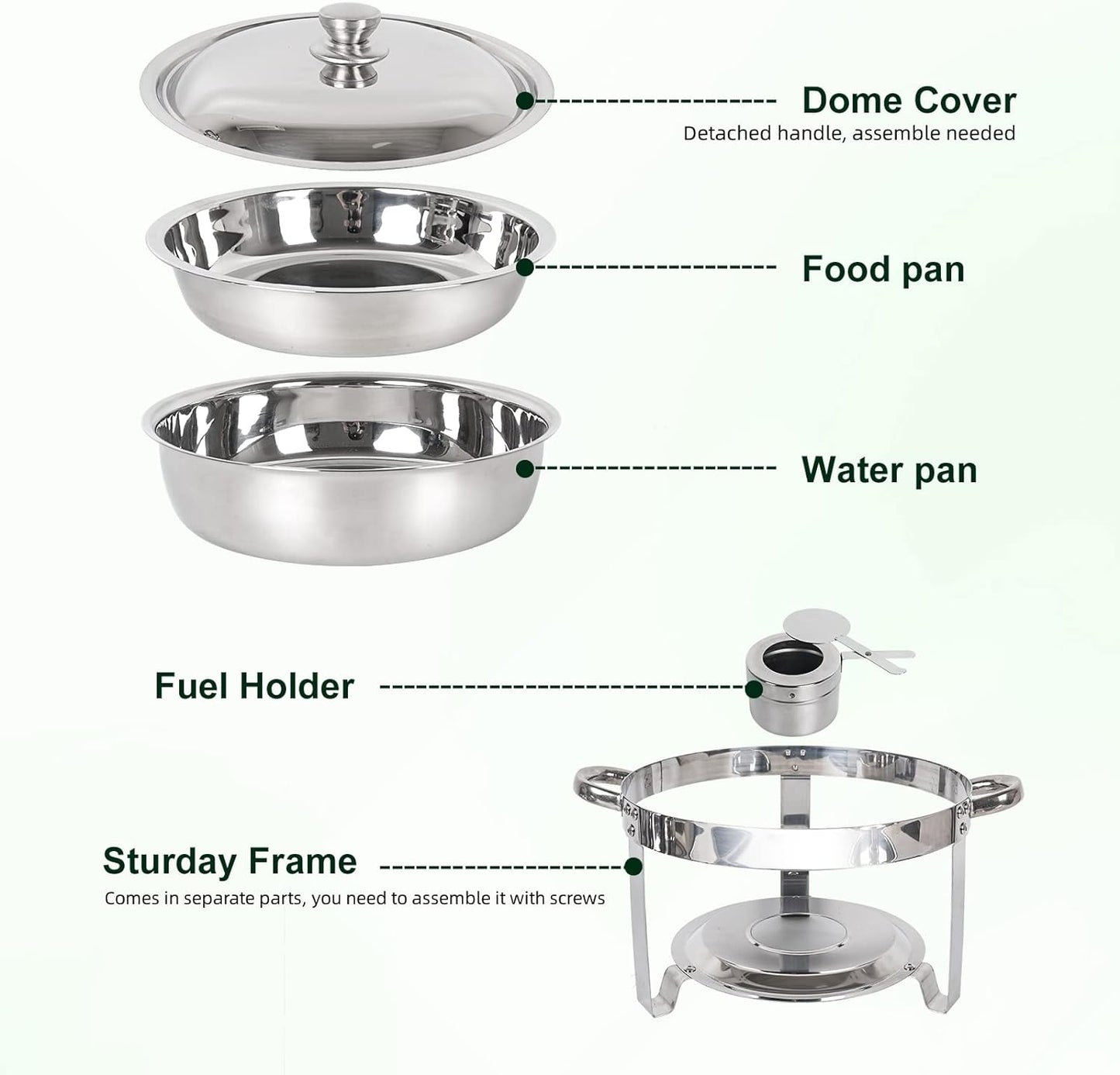 Chafing Dish Buffet Set 4 Pack, 5QT round Stainless Steel Chafer for Catering, Upgraded Chafers and Buffet Warmer Sets with Food & Water Pan, Lid, Frame, Fuel Holder for Event Party Holiday
