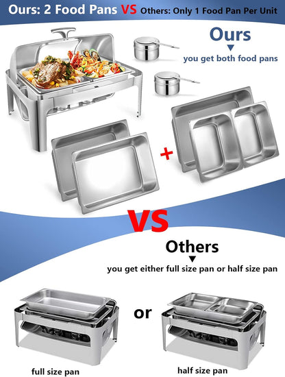 Rectangular Roll Top Chafing Dish Buffet Set, Catering Food Warmer for Parties, Wedding, Birthday, Christmas, 1 Full Size & 2 Half-Size Chafing Server Dish, 14QT Water Pan