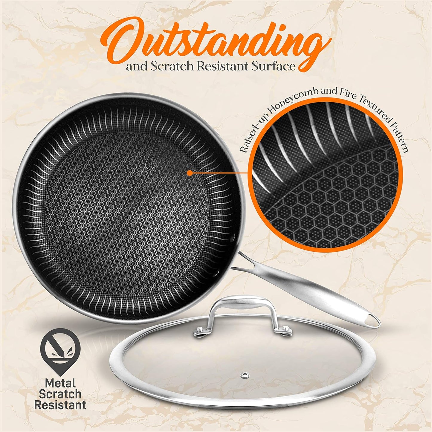 7-Piece Triply Stainless Steel Cookware Set - Non-Stick Honeycomb Fire Textured Pattern Frying Pans and Wok with Lids, Oven & Dishwasher Safe, Suitable for All Cooktops