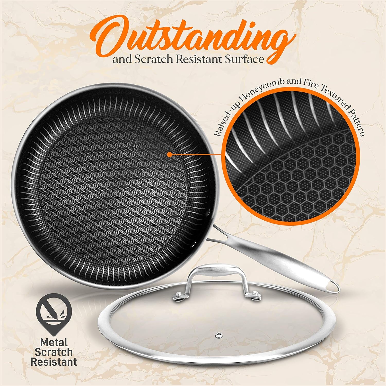 7-Piece Triply Stainless Steel Cookware Set - Non-Stick Honeycomb Fire Textured Pattern Frying Pans and Wok with Lids, Oven & Dishwasher Safe, Suitable for All Cooktops