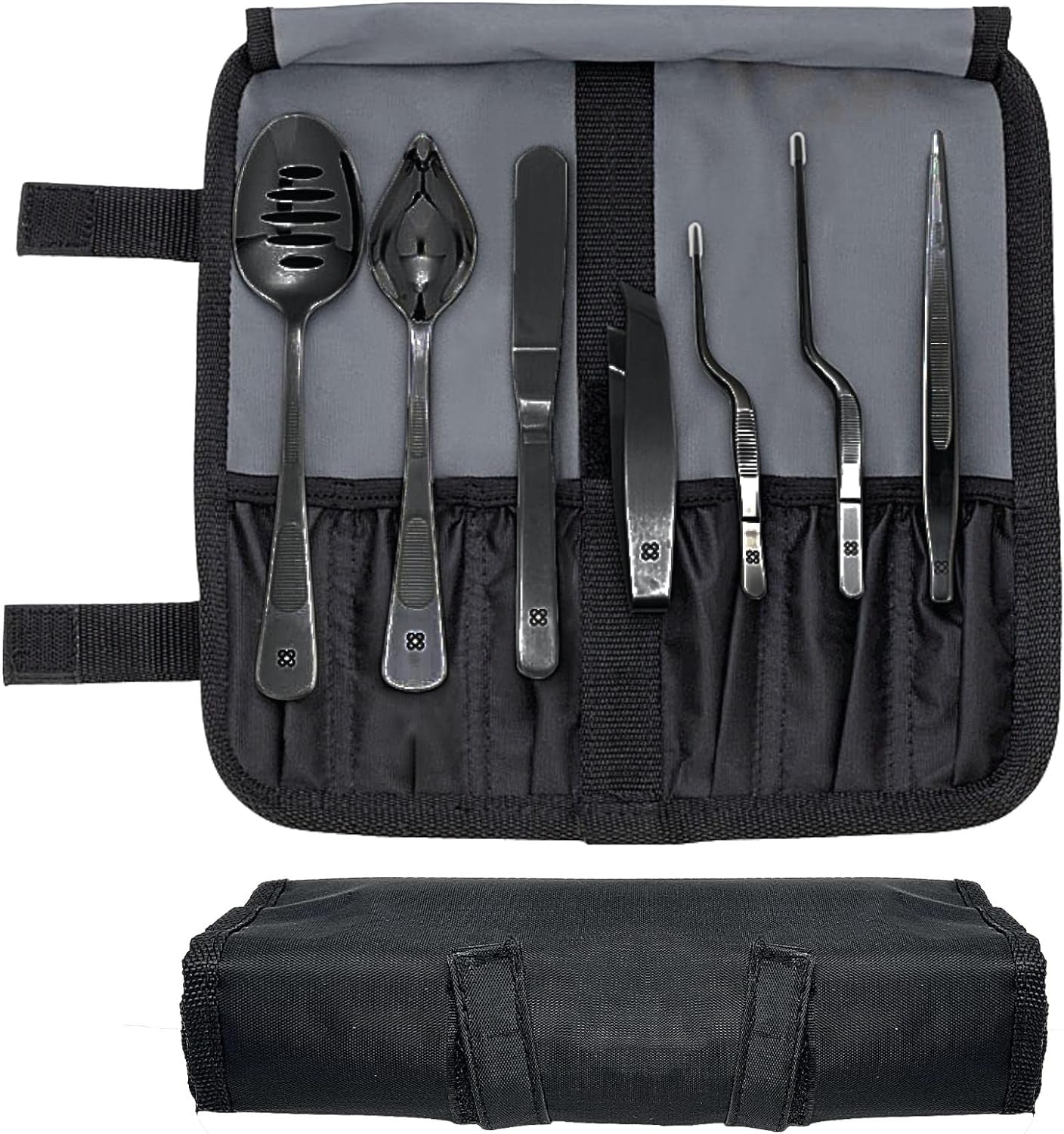 | Chef Plating Tools Culinary Set | Black | 7 Professional Cooking Utensils | 3 Kitchen Tweezers Drawing Pencil Spoon Fish Tongs Spatula Slotted Spoon | Modernist Cuisine Food Art