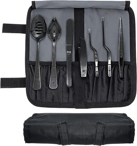 | Chef Plating Tools Culinary Set | Black | 7 Professional Cooking Utensils | 3 Kitchen Tweezers Drawing Pencil Spoon Fish Tongs Spatula Slotted Spoon | Modernist Cuisine Food Art