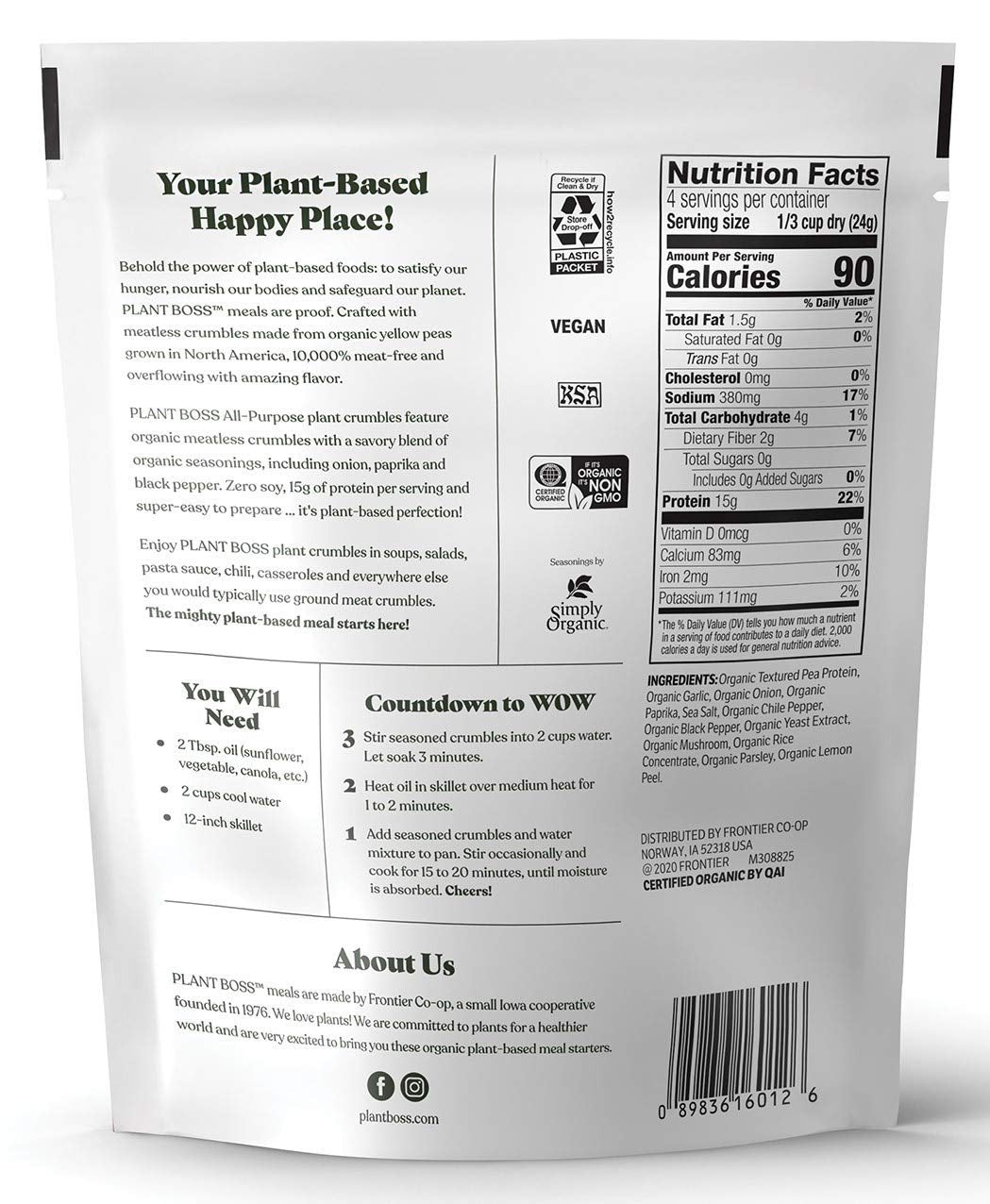 All-Purpose Plant Crumbles | Organic Meatless Crumbles | 15G Protein per Serving | Soy-Free | 3.35 Oz Bag | Pack of 6