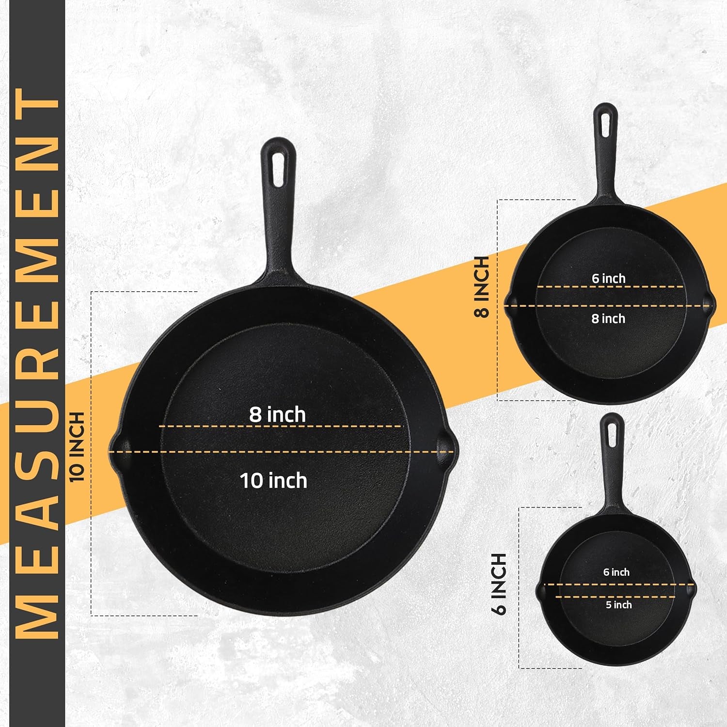 Pre Seasoned Cast Iron Skillet 3 Piece, Cast Iron Grill Pan, Frying Pans, Saute Fry Pan, Cast Iron Set (Black)