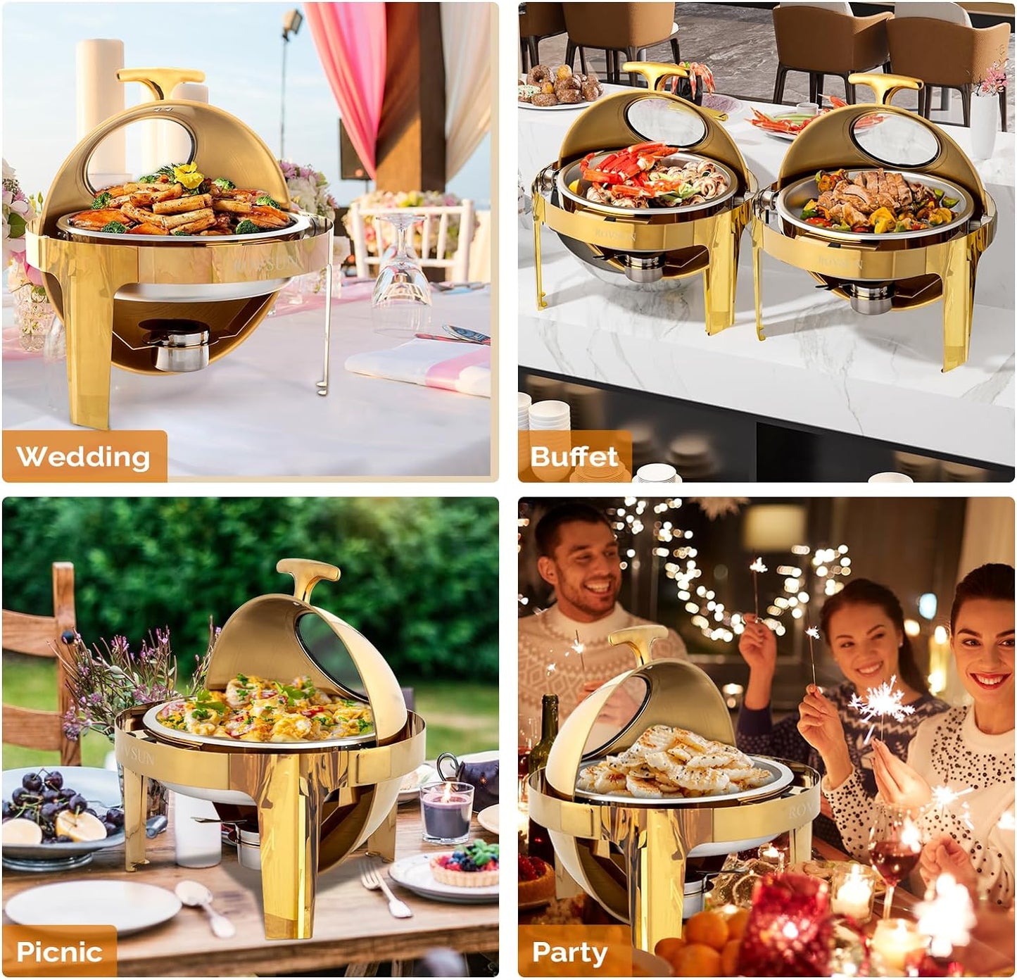 6 QT 3 Pack round Chafing Dish Buffet Set, Roll Top NSF Stainless Steel Buffet Warmer Chafers and Buffet Warmers Sets with Thick Frame for Catering Events Parties Weddings Dinners,Gold
