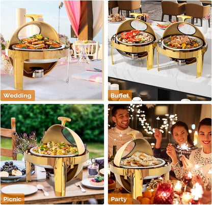 6 QT 3 Pack round Chafing Dish Buffet Set, Roll Top NSF Stainless Steel Buffet Warmer Chafers and Buffet Warmers Sets with Thick Frame for Catering Events Parties Weddings Dinners,Gold