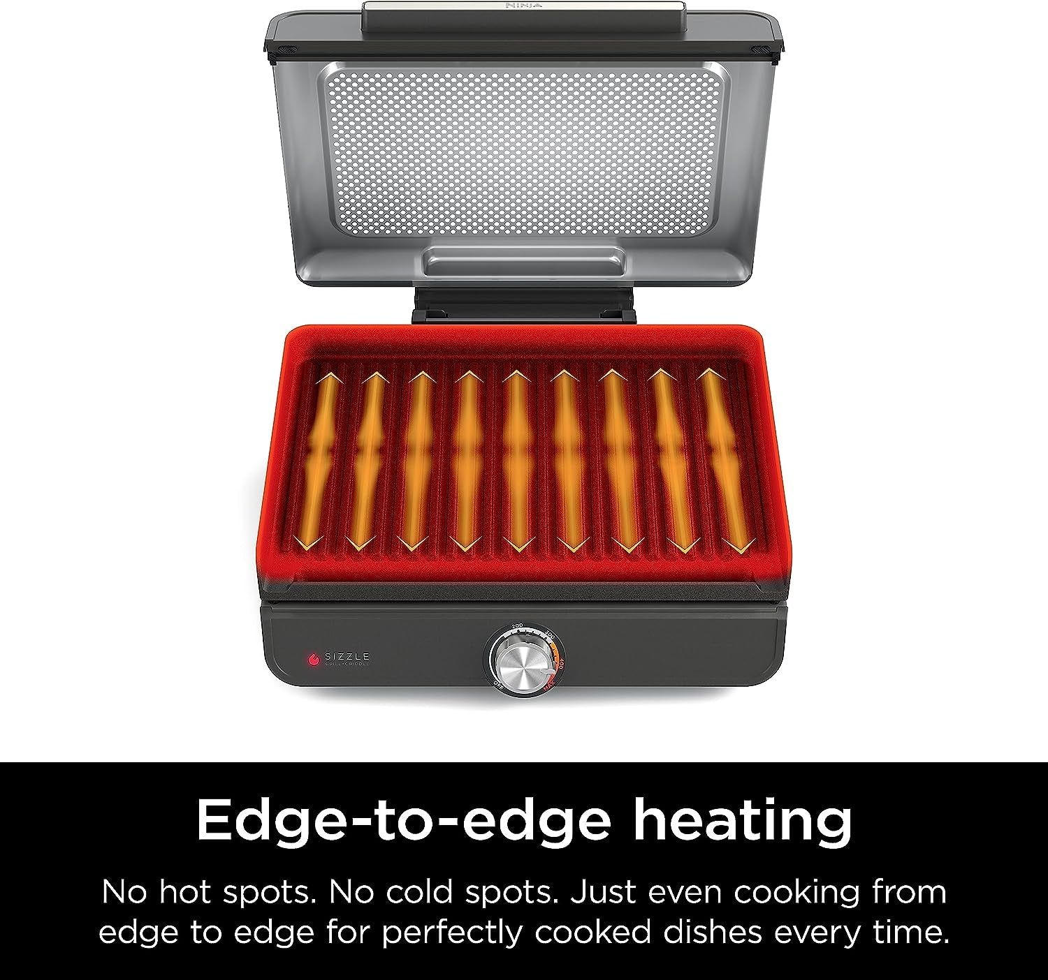 GR101 Sizzle Smokeless Indoor Grill & Griddle, 14'' Interchangeable Nonstick Plates, Dishwasher-Safe Removable Mesh Lid, 500F Max Heat, Even Edge-To-Edge Cooking, Grey/Silver