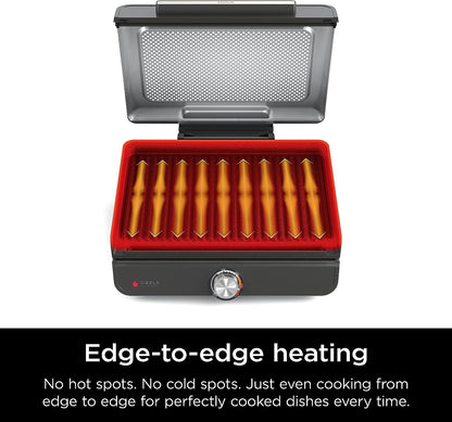 GR101 Sizzle Smokeless Indoor Grill & Griddle, 14'' Interchangeable Nonstick Plates, Dishwasher-Safe Removable Mesh Lid, 500F Max Heat, Even Edge-To-Edge Cooking, Grey/Silver