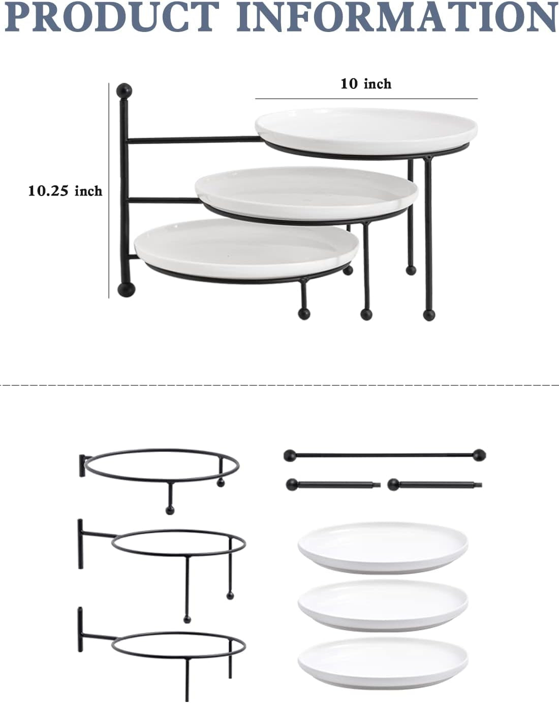 3 Tiered Serving Stand with White Porcelain Plates, Tiered Tray Stand, 10" X 10" Tier Serving Trays with Black Metal Stand for Entertaining, 3 Tier Dessert Stand