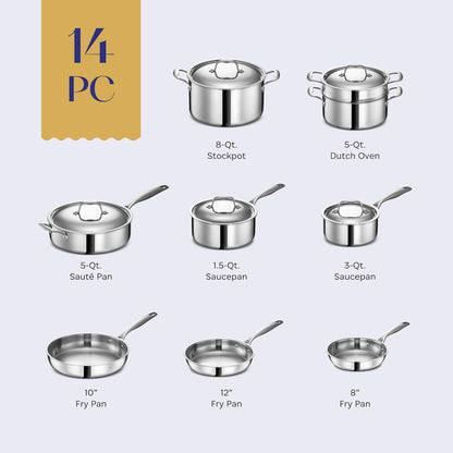 Legend 5 Ply 14 Pc All Stainless Steel Heavy Pots & Pans Set | Professional Quality Cookware 5Ply Clad Home Cooking & Commercial Kitchen Surface Induction Oven Safe | Non-Teflon PFOA, PTFE & PFOS Free