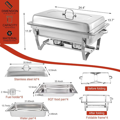 Chafing Dish Buffet Set - 4 Pack, 8 Quart Stainless Steel Chafer Buffet Servers and Warmers Set with Folding Frame for Weddings, Parties, Banquets, and Catering Events