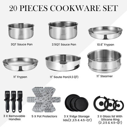 ROYDX Pots and Pans Set, 20 Piece Stainless Steel Kitchen Removable Handle Cookware Set, Frying Saucepans with Lid, Stay-Cool Handles for All Stoves, Dishwasher and Oven Safe, Camping