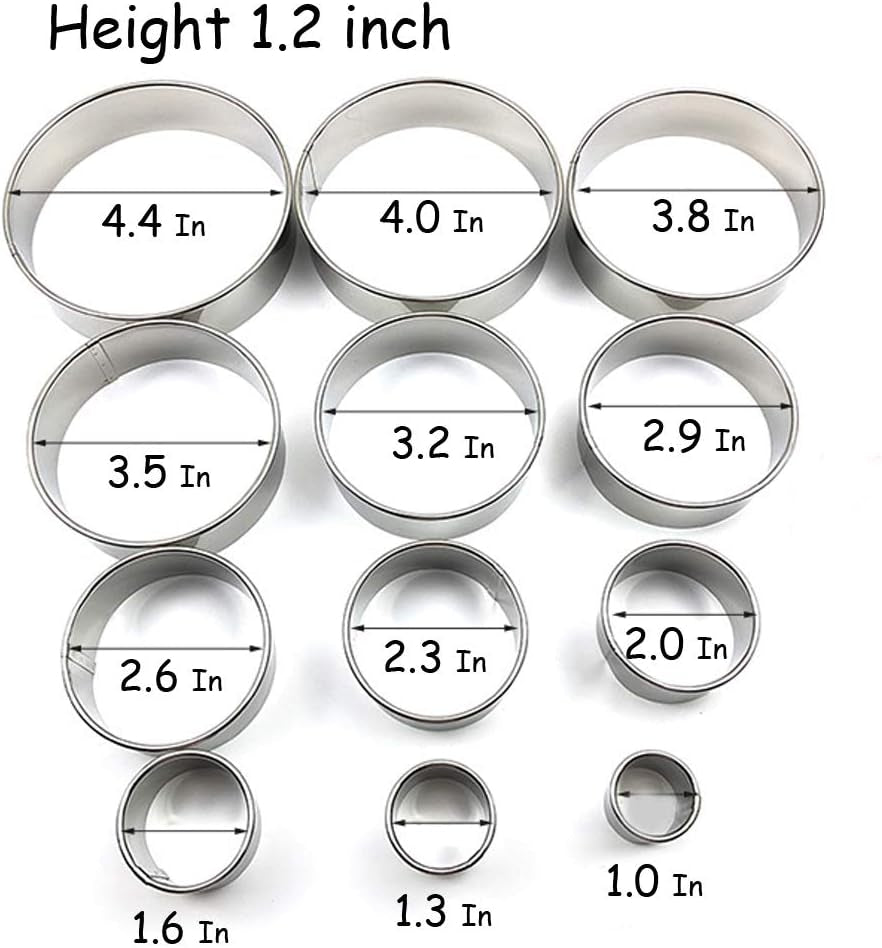 Stainless Steel round Cookie Cutter Set, 12 Circular Biscuit Cutters round Donut Ring Molds for Baking 1.2 Inch Height