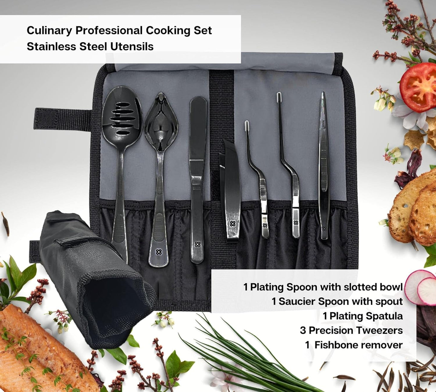 | Chef Plating Tools Culinary Set | Black | 7 Professional Cooking Utensils | 3 Kitchen Tweezers Drawing Pencil Spoon Fish Tongs Spatula Slotted Spoon | Modernist Cuisine Food Art