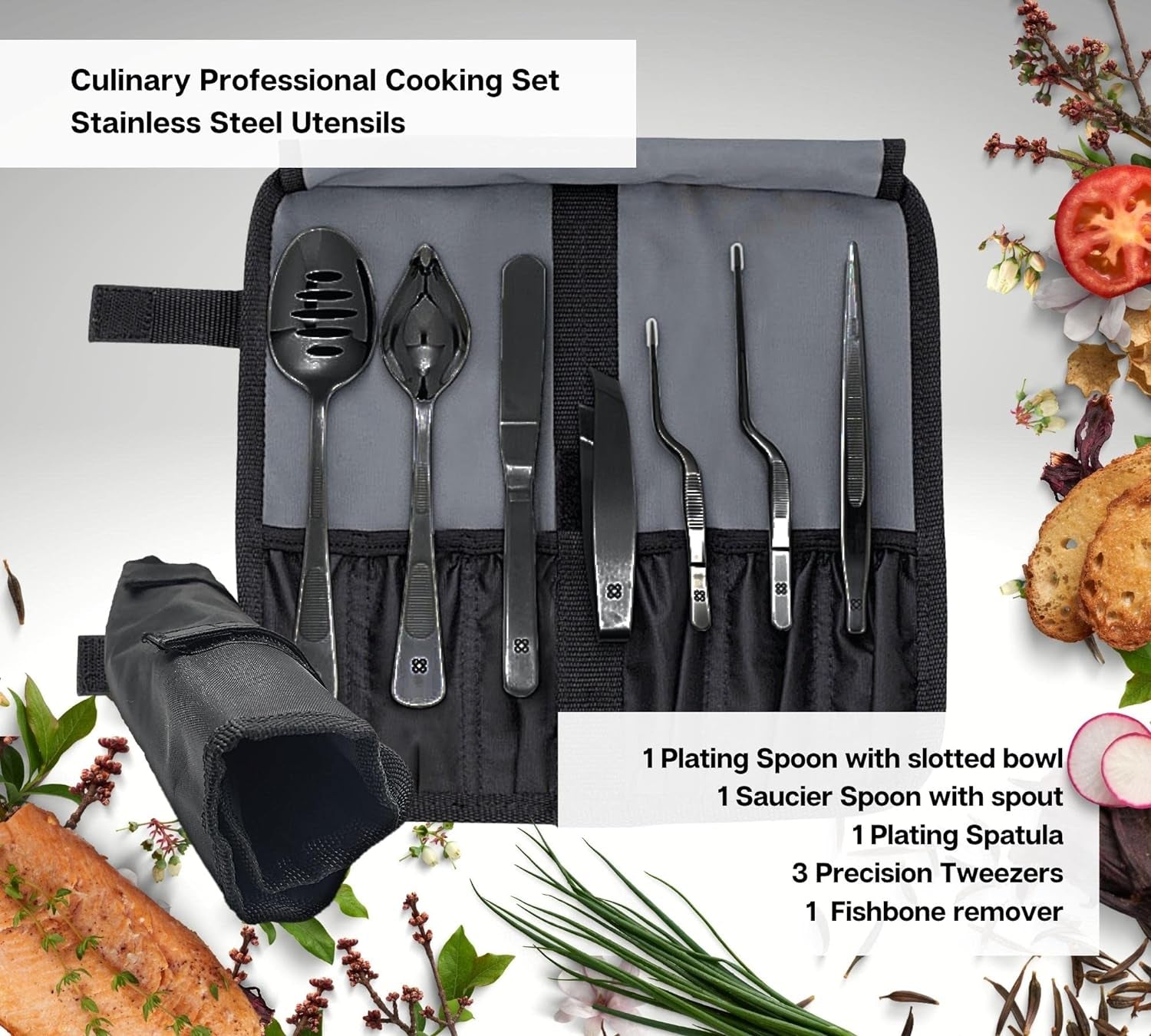 | Chef Plating Tools Culinary Set | Black | 7 Professional Cooking Utensils | 3 Kitchen Tweezers Drawing Pencil Spoon Fish Tongs Spatula Slotted Spoon | Modernist Cuisine Food Art