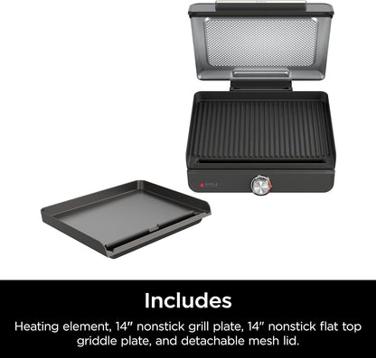 GR101 Sizzle Smokeless Indoor Grill & Griddle, 14'' Interchangeable Nonstick Plates, Dishwasher-Safe Removable Mesh Lid, 500F Max Heat, Even Edge-To-Edge Cooking, Grey/Silver