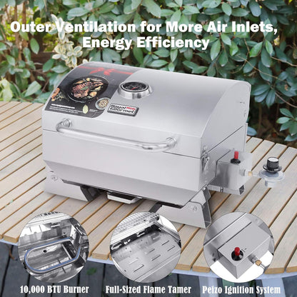 GT1001 Stainless Steel Portable Grill, 10000 BTU BBQ Tabletop Gas Grill with Folding Legs and Lockable Lid, Outdoor Camping, Deck and Tailgating, Silver