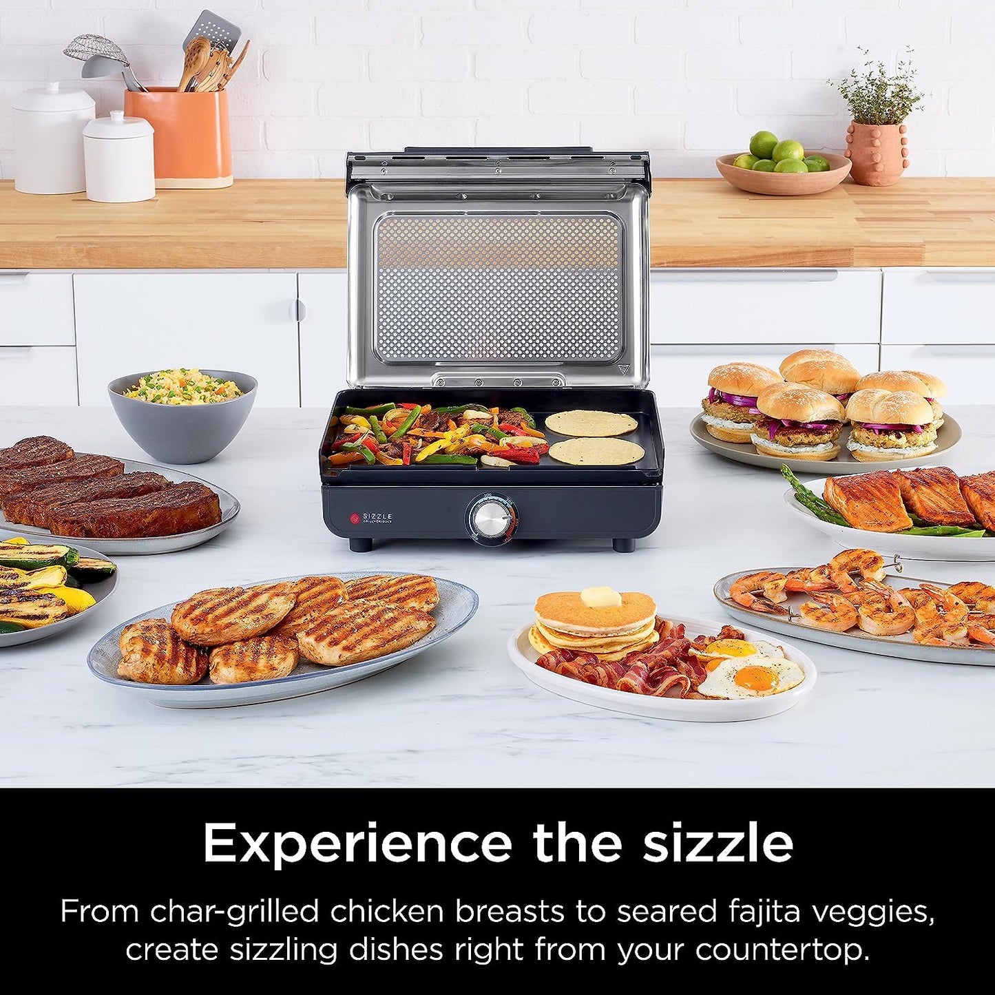 GR101 Sizzle Smokeless Indoor Grill & Griddle, 14'' Interchangeable Nonstick Plates, Dishwasher-Safe Removable Mesh Lid, 500F Max Heat, Even Edge-To-Edge Cooking, Grey/Silver