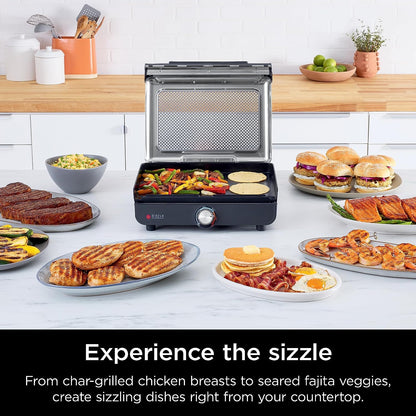 GR101 Sizzle Smokeless Indoor Grill & Griddle, 14'' Interchangeable Nonstick Plates, Dishwasher-Safe Removable Mesh Lid, 500F Max Heat, Even Edge-To-Edge Cooking, Grey/Silver