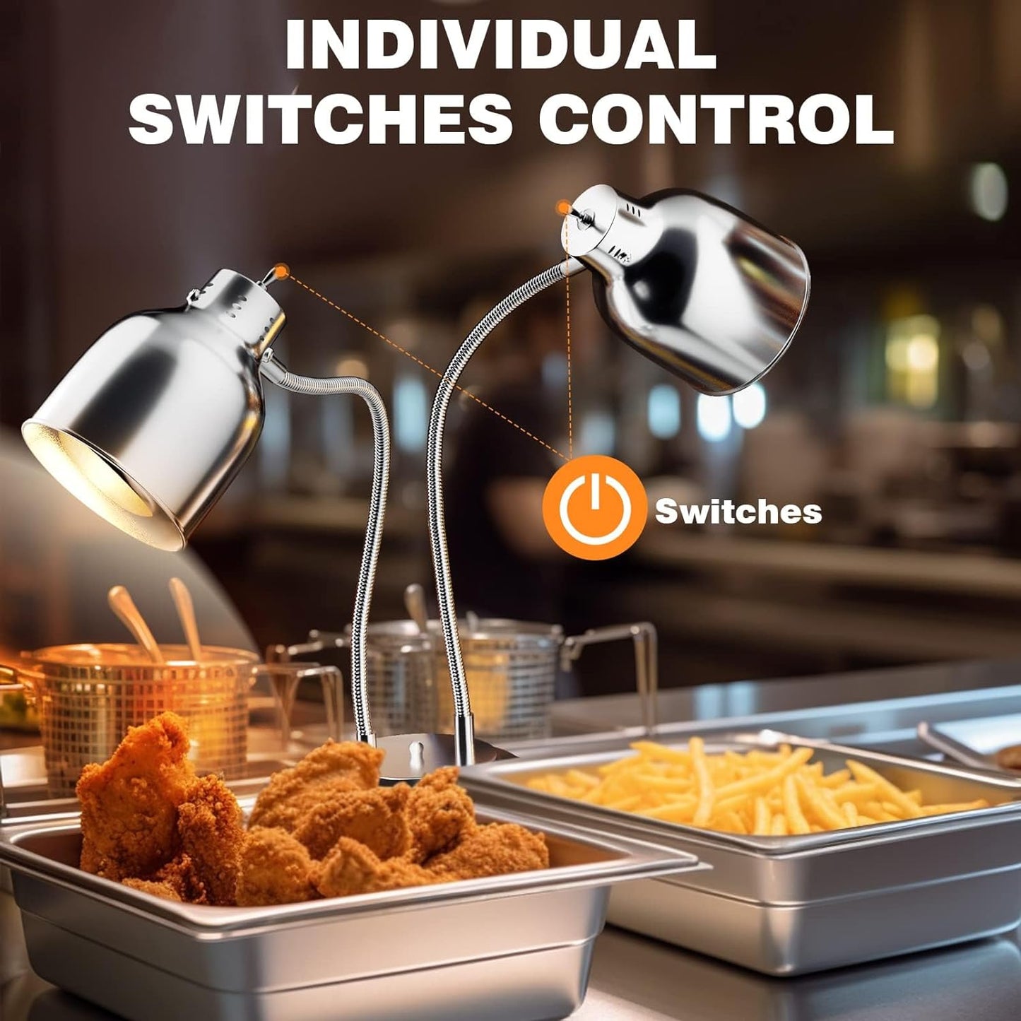 Food Heat Lamp, Commercial Food Warmer, 2-Head Food Warming Light, 500W Portable Electric Heating Lamp, Stainless Steel Catering Food Warming Lamp for Restaurant Kitchen Cafeteria