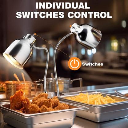 Food Heat Lamp, Commercial Food Warmer, 2-Head Food Warming Light, 500W Portable Electric Heating Lamp, Stainless Steel Catering Food Warming Lamp for Restaurant Kitchen Cafeteria