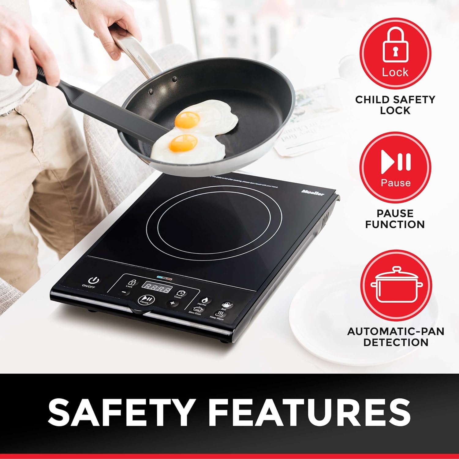 Rapidtherm Portable Induction Cooktop Hot Plate Countertop Burner 1800W, 8 Temp Levels, Timer, Auto-Shut-Off, Touch Panel, LED Display, Auto Pot Detection, Child Safety Lock, 4 Preset Programs