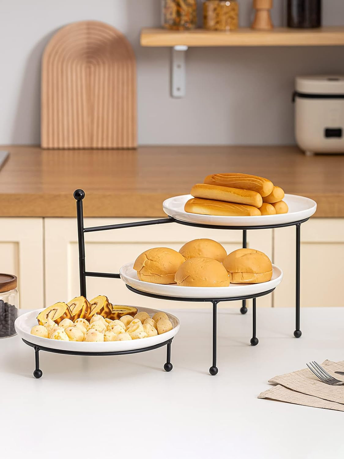 3 Tiered Serving Stand with White Porcelain Plates, Tiered Tray Stand, 10" X 10" Tier Serving Trays with Black Metal Stand for Entertaining, 3 Tier Dessert Stand