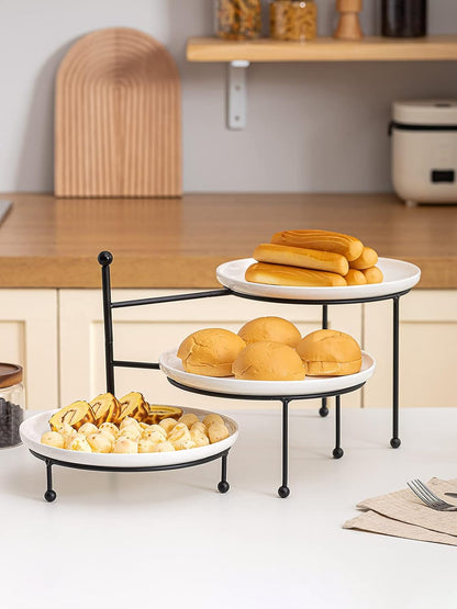 3 Tiered Serving Stand with White Porcelain Plates, Tiered Tray Stand, 10" X 10" Tier Serving Trays with Black Metal Stand for Entertaining, 3 Tier Dessert Stand