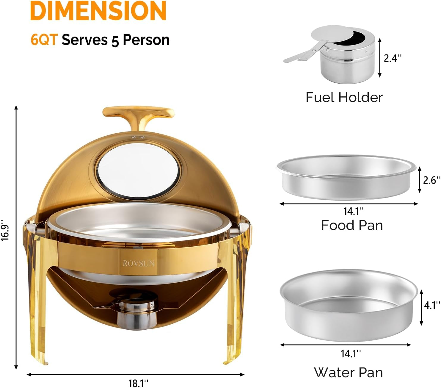 6 QT 3 Pack round Chafing Dish Buffet Set, Roll Top NSF Stainless Steel Buffet Warmer Chafers and Buffet Warmers Sets with Thick Frame for Catering Events Parties Weddings Dinners,Gold