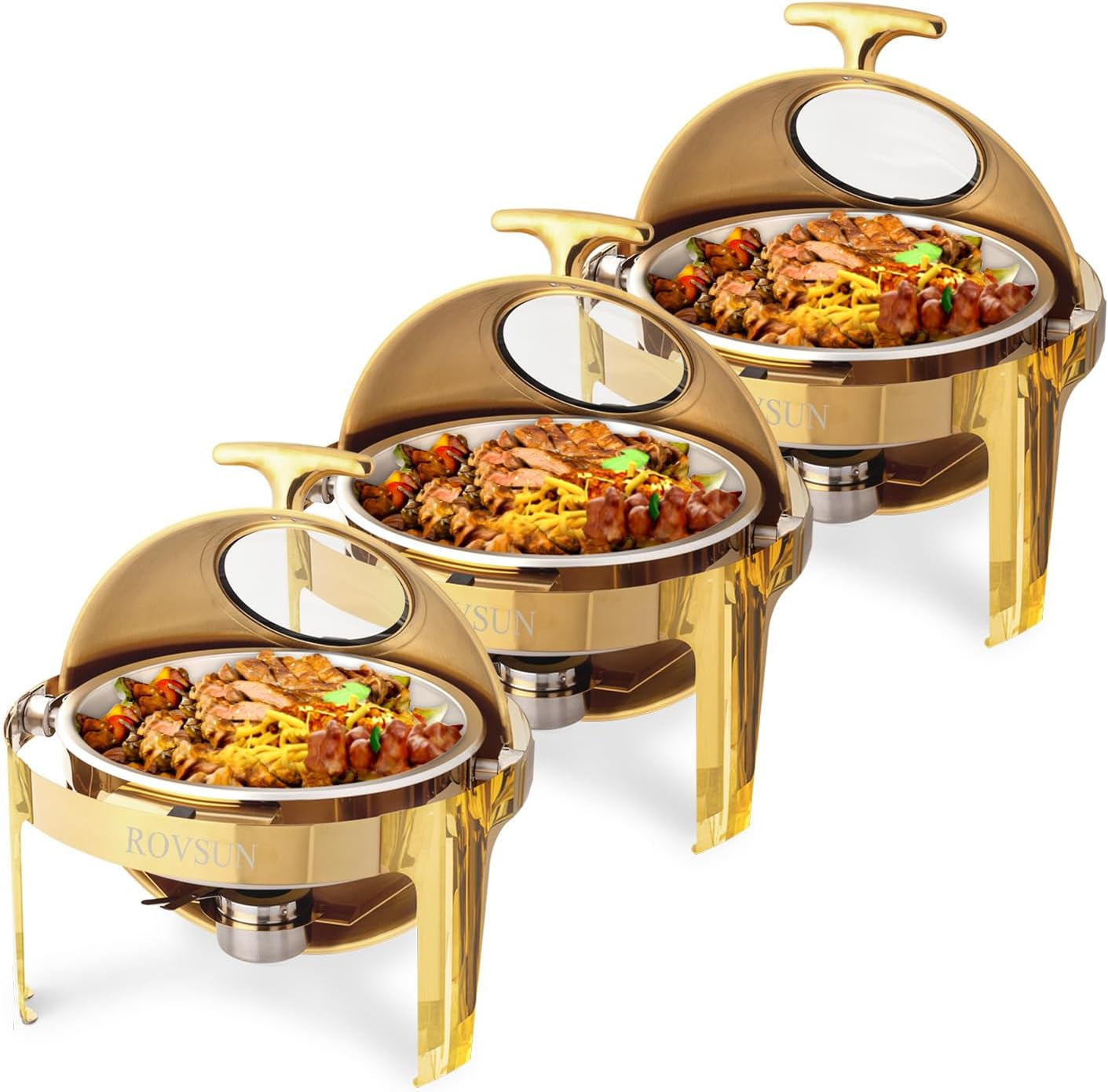 6 QT 3 Pack round Chafing Dish Buffet Set, Roll Top NSF Stainless Steel Buffet Warmer Chafers and Buffet Warmers Sets with Thick Frame for Catering Events Parties Weddings Dinners,Gold