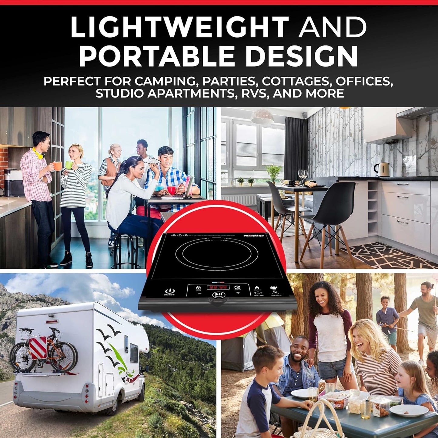 Rapidtherm Portable Induction Cooktop Hot Plate Countertop Burner 1800W, 8 Temp Levels, Timer, Auto-Shut-Off, Touch Panel, LED Display, Auto Pot Detection, Child Safety Lock, 4 Preset Programs