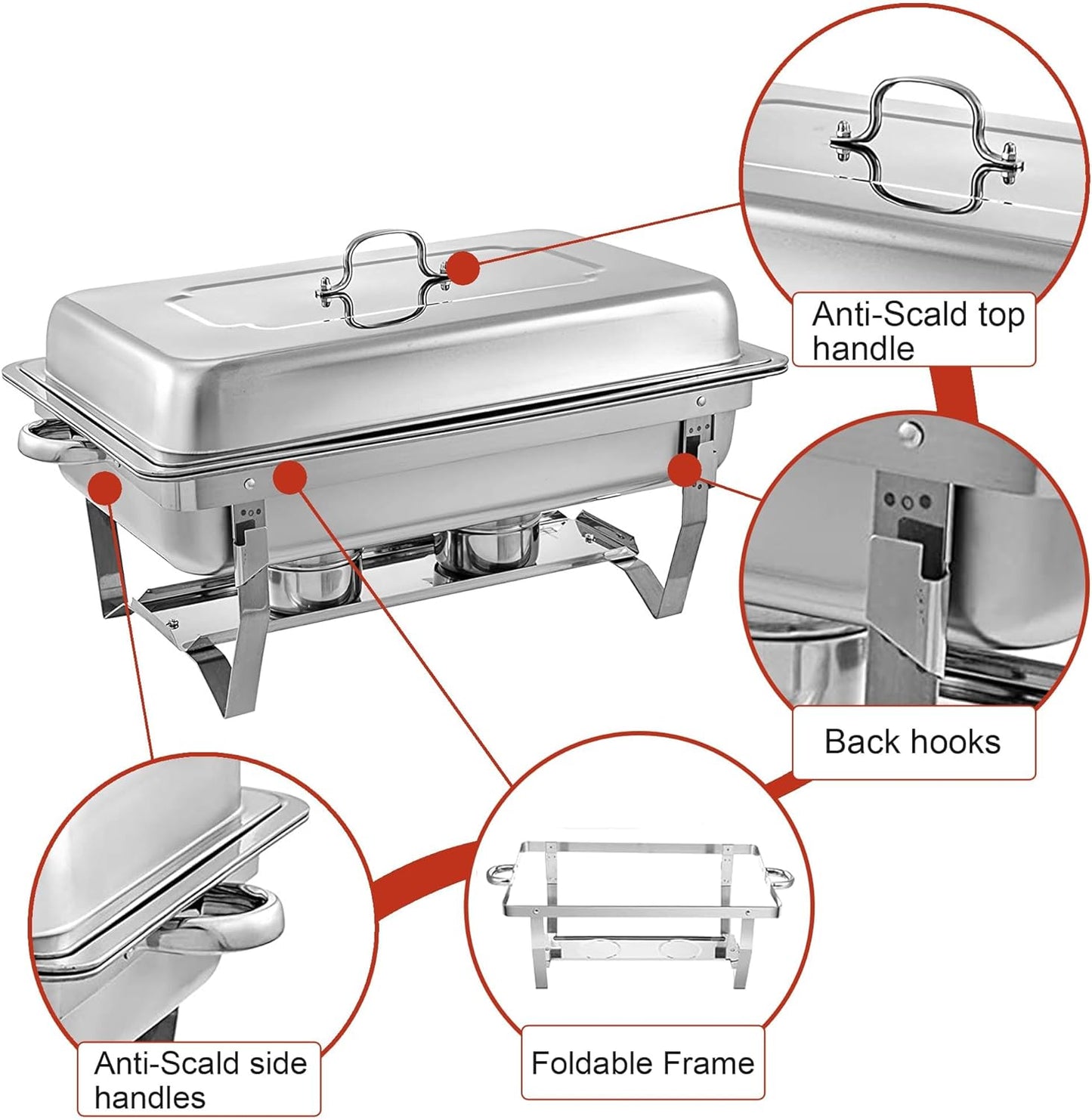 Chafing Dish Buffet Set - 4 Pack, 8 Quart Stainless Steel Chafer Buffet Servers and Warmers Set with Folding Frame for Weddings, Parties, Banquets, and Catering Events