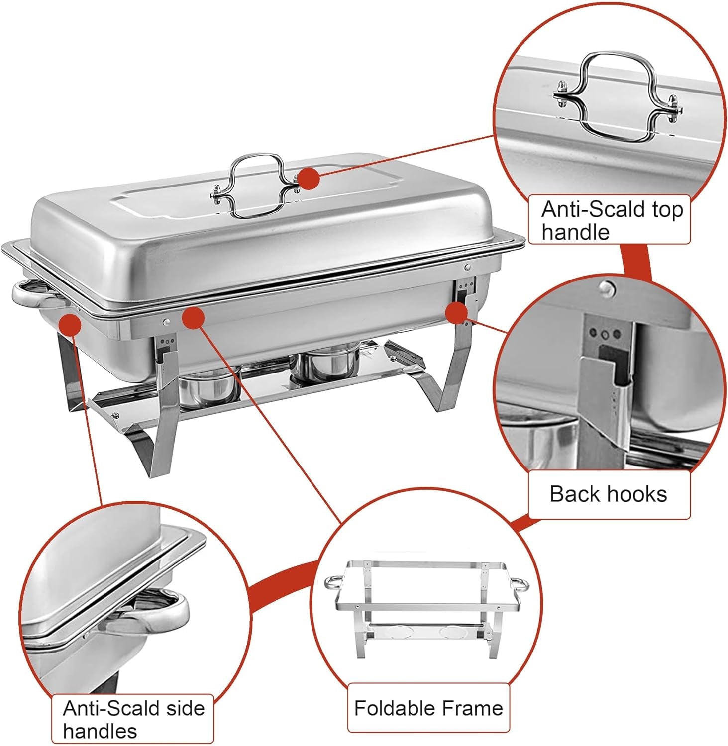 Chafing Dish Buffet Set - 4 Pack, 8 Quart Stainless Steel Chafer Buffet Servers and Warmers Set with Folding Frame for Weddings, Parties, Banquets, and Catering Events