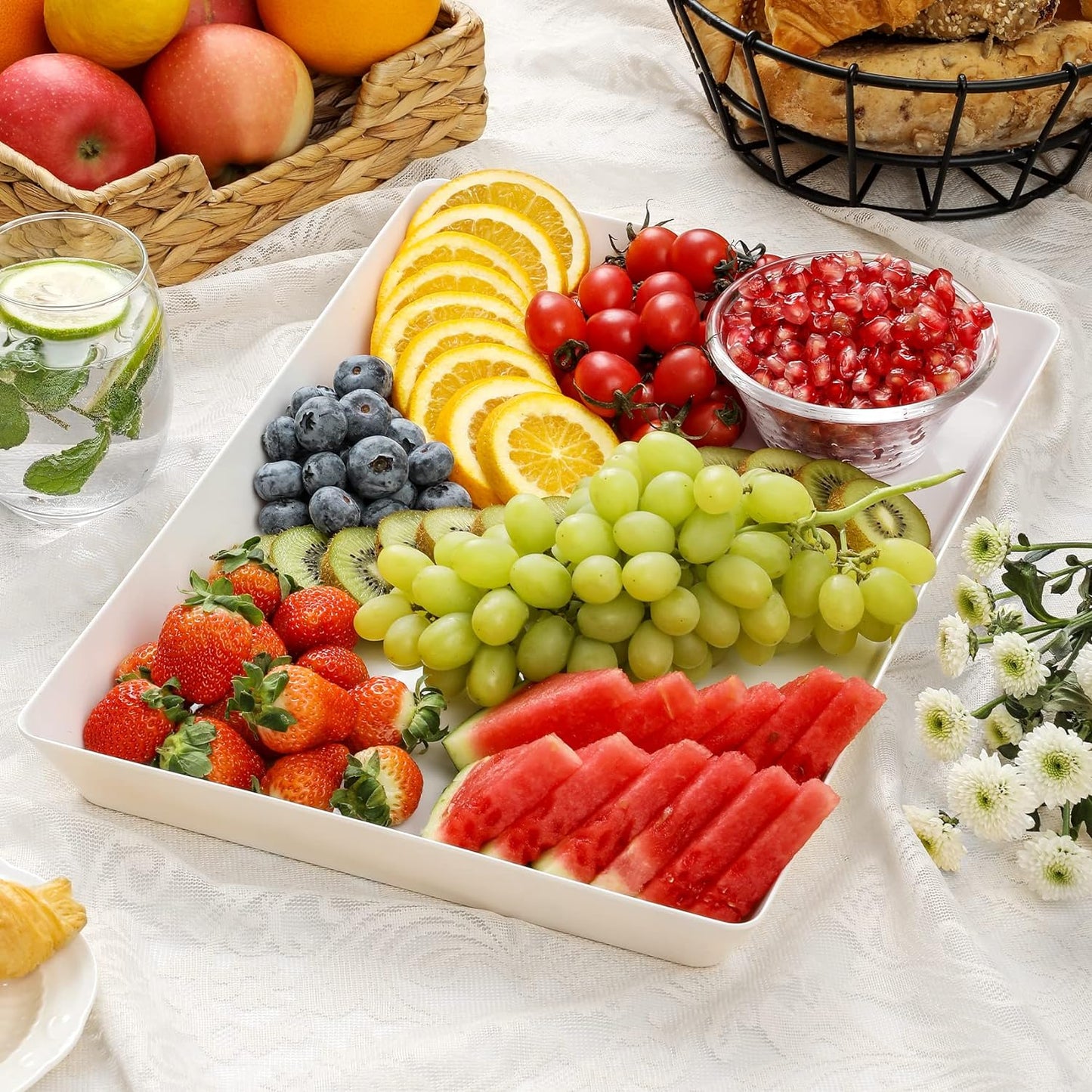 4-Pack 16" X 11" Large White Serving Trays Set - Reusable Plastic Serving Platters for Cookie, Appetizer, Charcuterie, Snack, Dessert, Party Food Display - Stackable Kitchen Countertop Tray, BPA Free