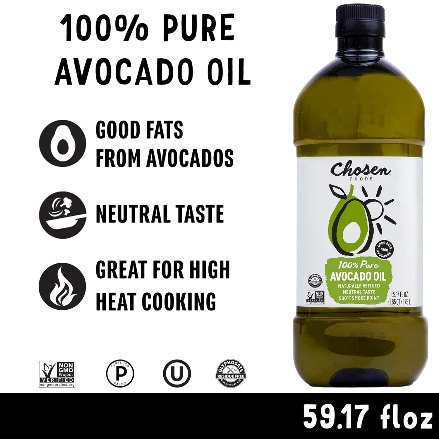 100% Pure Avocado Oil, Keto and Paleo Diet Friendly, Kosher Oil for Baking, High-Heat Cooking, Frying, Homemade Sauces, Dressings and Marinades (1.75 Liters)