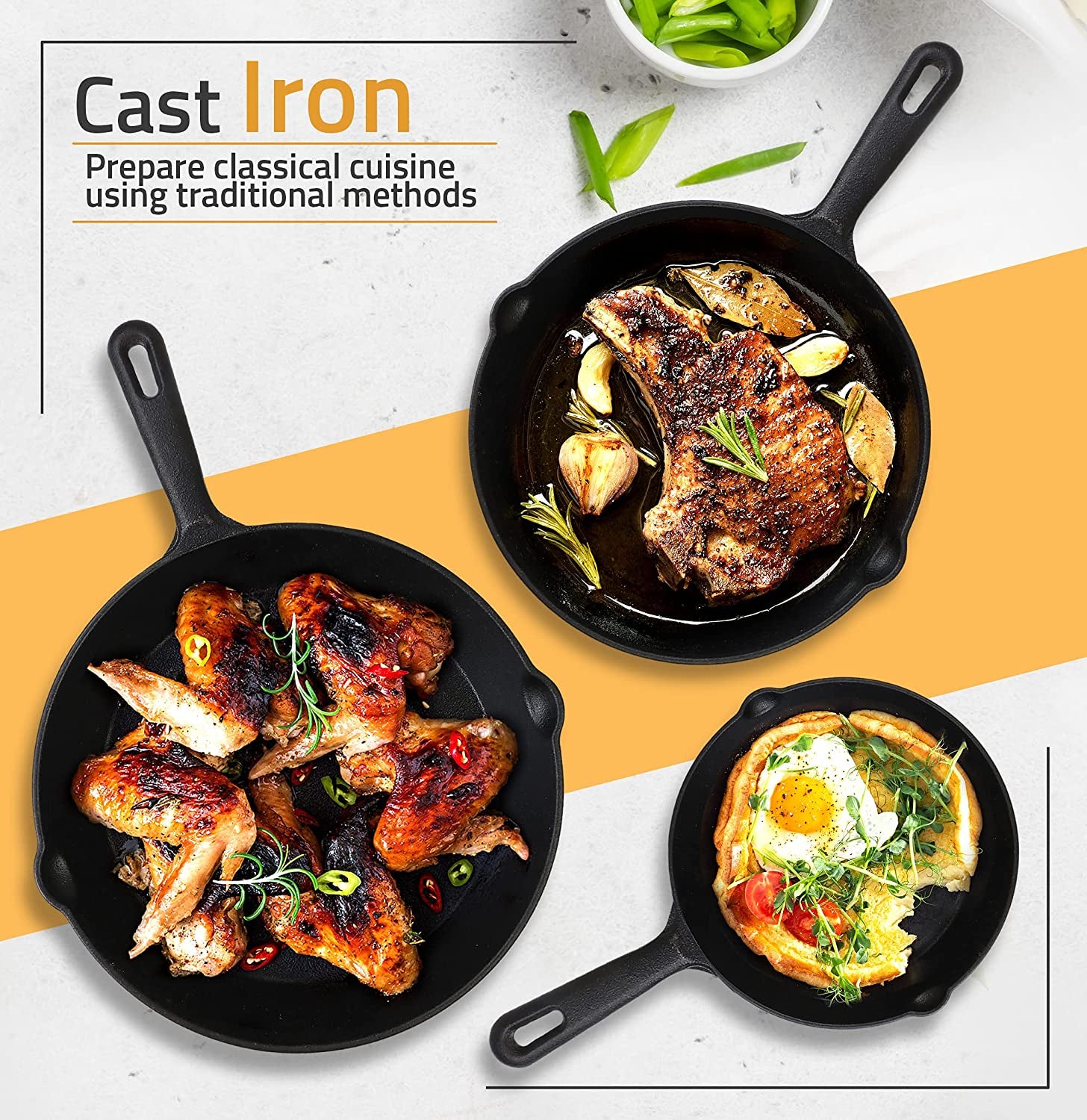 Pre Seasoned Cast Iron Skillet 3 Piece, Cast Iron Grill Pan, Frying Pans, Saute Fry Pan, Cast Iron Set (Black)
