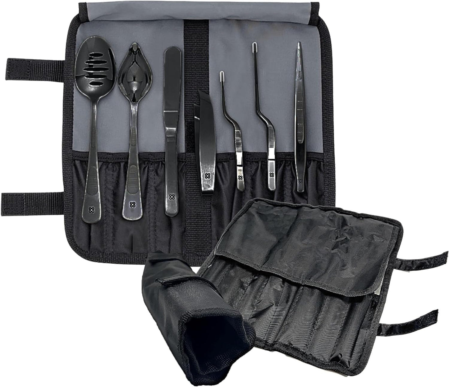 | Chef Plating Tools Culinary Set | Black | 7 Professional Cooking Utensils | 3 Kitchen Tweezers Drawing Pencil Spoon Fish Tongs Spatula Slotted Spoon | Modernist Cuisine Food Art