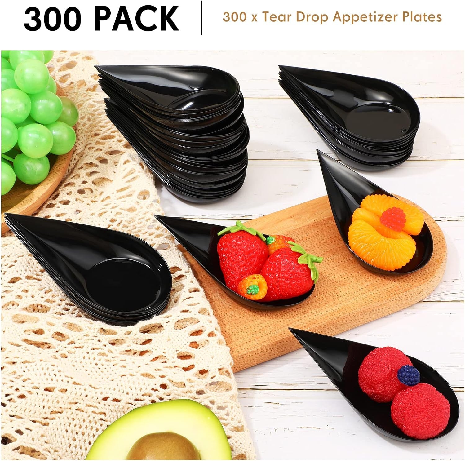 300 Pcs 4 Inch Tear Drop Mini Appetizer Plates Plastic Spoons Catering Supplies Small Mini Spoons Tasting Spoons Appetizer Dishes Mini Dessert Bowls Dessert Spoons Disposable Spoons for Party (Black)