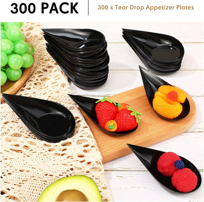 300 Pcs 4 Inch Tear Drop Mini Appetizer Plates Plastic Spoons Catering Supplies Small Mini Spoons Tasting Spoons Appetizer Dishes Mini Dessert Bowls Dessert Spoons Disposable Spoons for Party (Black)